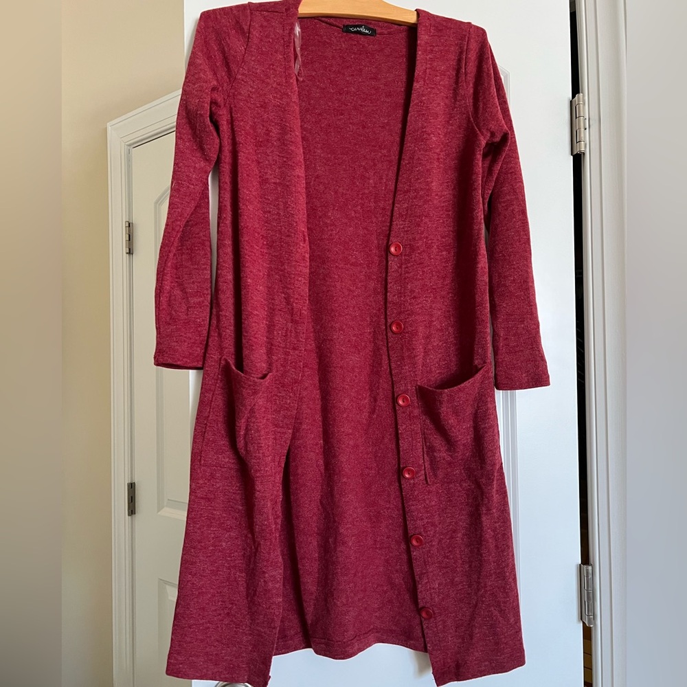 Caralase Long Red Cardigan with Pockets